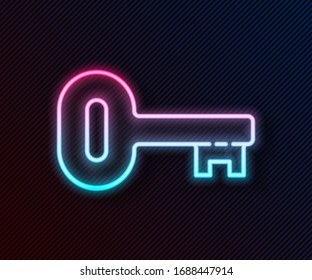 Glowing neon line Old key icon isolated on black background.  Vector Illustration
