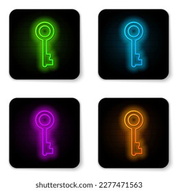 Glowing neon line Old key icon isolated on white background. Black square button. Vector