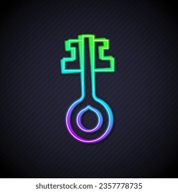 Glowing neon line Old magic key icon isolated on black background.  Vector
