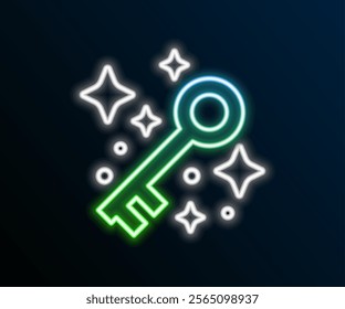 Glowing neon line Old magic key icon isolated on black background. Colorful outline concept. Vector