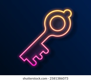 Glowing neon line Old magic key icon isolated on black background.  Vector