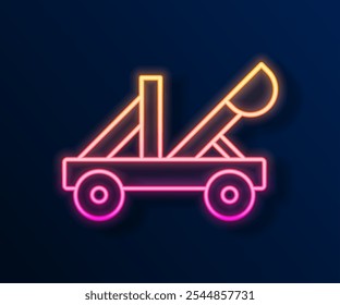 Glühende Neonlinie Altes mittelalterliches hölzernes Katapult, das Steine schießt Symbol einzeln auf schwarzem Hintergrund.  Vektorgrafik