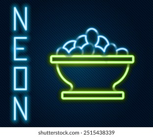 Glowing neon line Olives in bowl icon isolated on black background. Colorful outline concept. Vector