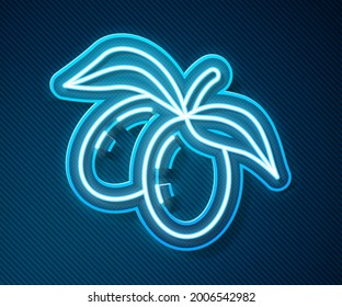 Glowing neon line Olives branch icon isolated on blue background.  Vector