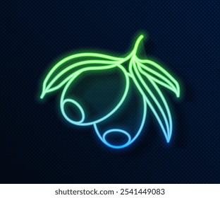 Glowing neon line Olives branch icon isolated on blue background.  Vector