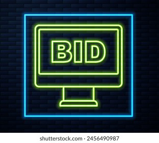 Glowing neon line Online auction icon isolated on brick wall background. Bid sign. Auction bidding. Sale and buyers.  Vector