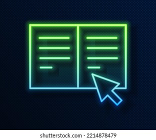 Glowing neon line Online book icon isolated on blue background. Internet education concept, e-learning resources, distant online courses.  Vector Illustration