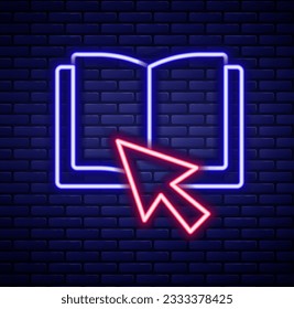 Glowing neon line Online book icon isolated on brick wall background. Internet education concept, e-learning resources, distant online courses. Colorful outline concept. Vector