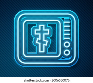 Glowing neon line Online church pastor preaching video streaming icon isolated on blue background. Online church of Jesus Christ.  Vector