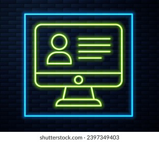 Glowing neon line Online class icon isolated on brick wall background. Online education concept.  Vector