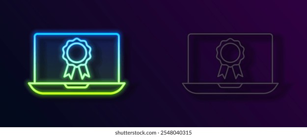 Glowing neon line Online education with diploma icon isolated on black background. Diploma online at home. Webinar and video seminar learning.  Vector
