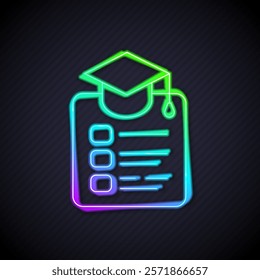 Glowing neon line Online education and graduation icon isolated on black background. Online teacher on monitor. Webinar and video seminar learning.  Vector