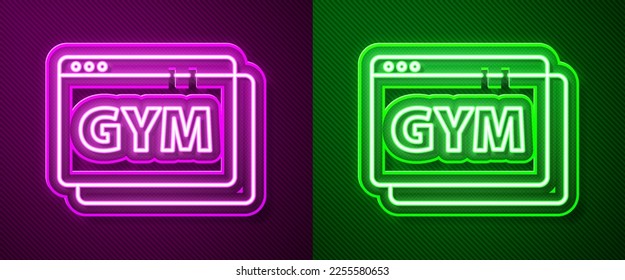 Glowing neon line Online fitness and training icon isolated on purple and green background.  Vector