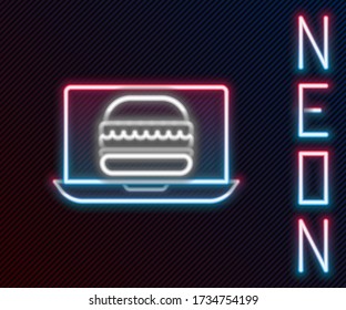 Glowing neon line Online ordering and burger delivery icon isolated on black background. Colorful outline concept. Vector Illustration