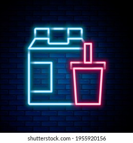 Línea de neón brillante Icono de pedidos en línea y entrega rápida de comida aislado en el fondo de la pared de ladrillos. Concepto de esquema colorido. Vector