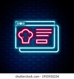 Glowing neon line Online ordering and fast food delivery icon isolated on brick wall background. Colorful outline concept. Vector