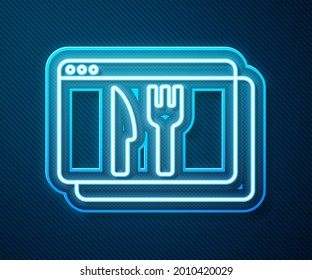 Glühendes Neon-Online-Bestellsystem und Fastfood-Liefersymbol einzeln auf blauem Hintergrund.  Vektorgrafik
