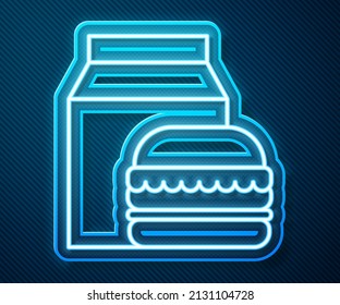 Glühendes Neon-Online-Bestellsystem und Hamburger Liefersymbol einzeln auf blauem Hintergrund.  Vektorgrafik
