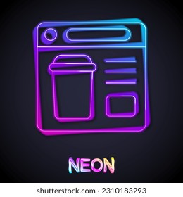 Línea de neón brillante Icono de pedidos en línea y entrega de comida rápida aislado en el fondo negro.  Vector