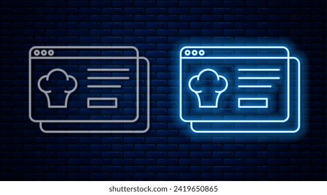 Glowing neon line Online ordering and fast food delivery icon isolated on brick wall background.  Vector