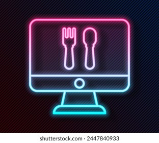 Glowing neon line Online ordering and fast food delivery icon isolated on black background.  Vector Illustration
