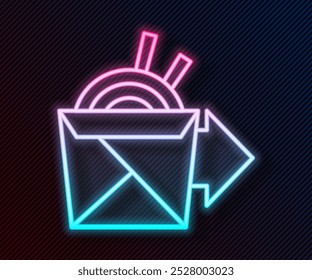 Glowing neon line Online ordering and noodles delivery icon isolated on black background.  Vector Illustration