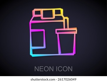 Glowing neon line Online ordering and fast food delivery icon isolated on black background.  Vector