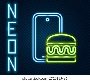 Glowing neon line Online ordering and fast food delivery icon isolated on black background. Burger sign. Colorful outline concept. Vector