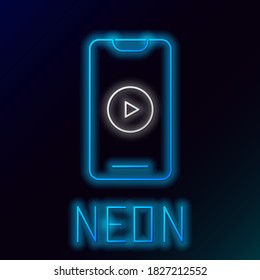 Glowing neon line Online play video icon isolated on black background. Smartphone and film strip with play sign. Colorful outline concept. Vector