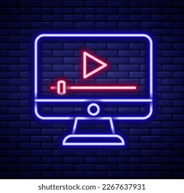 Glowing neon line Online play video icon isolated on brick wall background. Film strip with play sign. Colorful outline concept. Vector
