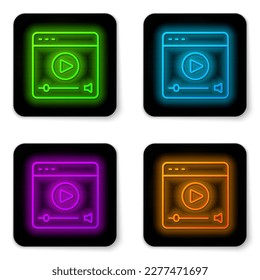 Glowing neon line Online play video icon isolated on white background. Film strip with play sign. Black square button. Vector