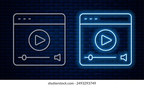 Glowing neon line Online play video icon isolated on brick wall background. Film strip with play sign.  Vector