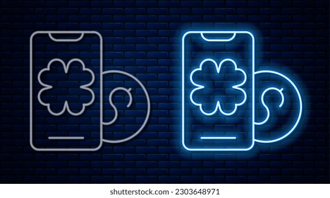 Glowing neon line Online poker table game icon isolated on brick wall background. Online casino.  Vector