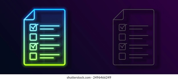 Glowing neon line Online quiz, test, survey or checklist icon isolated on black background. Exam list. E-education concept.  Vector