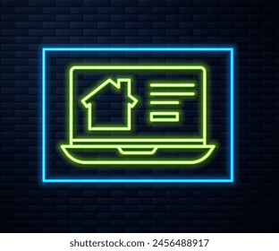 Glowing neon line Online real estate house on laptop icon isolated on brick wall background. Home loan concept, rent, buy, buying a property.  Vector Illustration