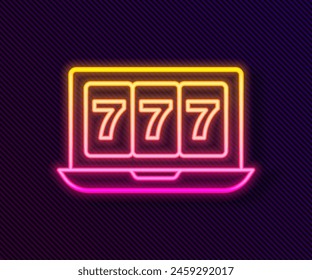 Glowing neon line Online slot machine with lucky sevens jackpot icon isolated on black background. Online casino.  Vector