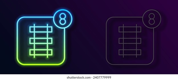 Glowing neon line Online ticket booking and buying app interface icon isolated on black background. E-tickets ordering. Electronic train ticket on screen.  Vector