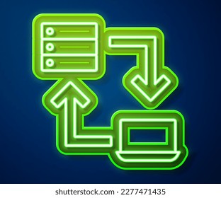 Glowing neon line Online working icon isolated on blue background. Freelancer man working on laptop at his house. Remote work. Distant job concept.  Vector