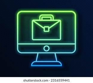 Glowing neon line Online working icon isolated on blue background. Freelancer man working on laptop at his house. Remote work. Distant job concept.  Vector