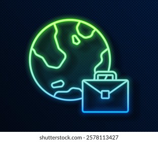 Glowing neon line Online working icon isolated on blue background. Freelancer man working on laptop at his house. Remote work. Distant job concept.  Vector