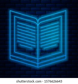 Glowing neon line Open book icon isolated on brick wall background.  Vector Illustration