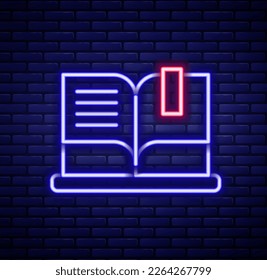 Glowing neon line Open book icon isolated on brick wall background. Colorful outline concept. Vector