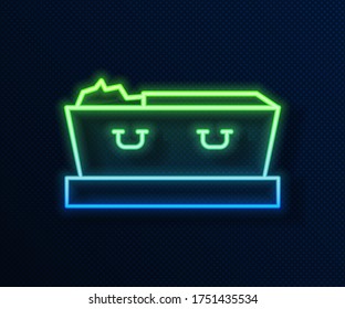 Glowing neon line Open coffin with dead deceased body icon isolated on blue background. Funeral after death. Corpse in an open hearse for burial.  Vector