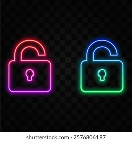 Glowing neon line Open lock icon isolated on brick wall background. Open lock signal. Cybersecurity concept. Digital data protection. Colorful Outline Concept.