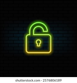 Glowing neon line Open lock icon isolated on black background. Open lock signal. Cybersecurity concept. Digital data protection. Safety. Colorful outline concept..