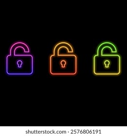 Glowing neon line Open lock icon isolated on black background. Open lock signal. Cybersecurity concept. Digital data protection..