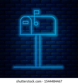 Glowing neon line Open mail box icon isolated on brick wall background. Mailbox icon. Mail postbox on pole with flag.  Vector Illustration