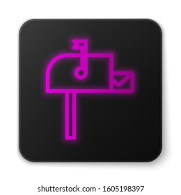 Glowing neon line Open mail box icon isolated on white background. Mailbox icon. Mail postbox on pole with flag. Black square button. Vector Illustration