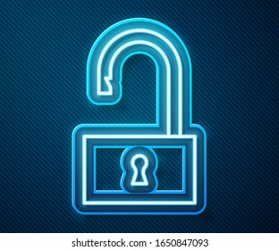 Línea de neón brillante Icono de candado abierto aislado en fondo azul. Signo de bloqueo abierto. Concepto de ciberseguridad. Protección digital de datos.  Ilustración vectorial