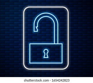 Glowing neon line Open padlock icon isolated on brick wall background. Opened lock sign. Cyber security concept. Digital data protection.  Vector Illustration